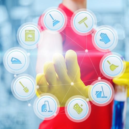 A person wearing yellow rubber gloves surrounded by illustrated icons of cleaning tools.